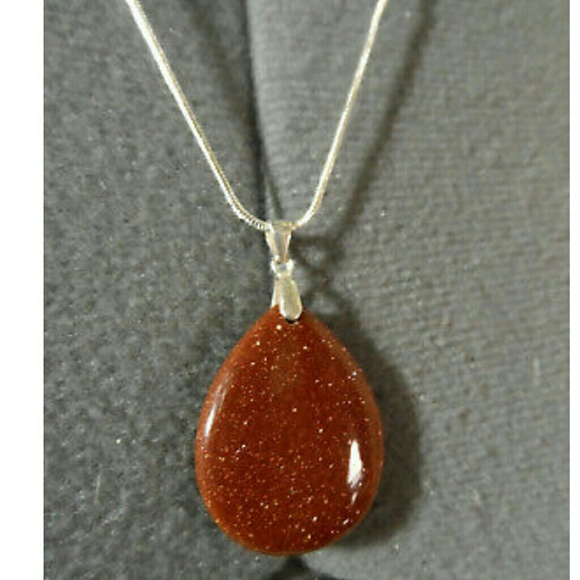 New GOLDSTONE Pendant & Silver Necklace Set 925 Rust Gold flecked jewelry Pretty - Picture 5 of 5
